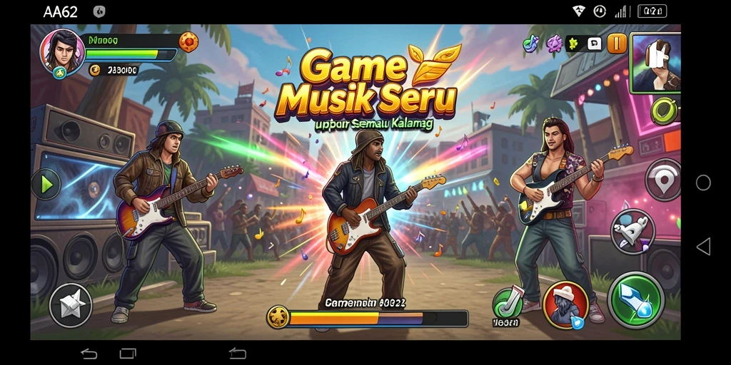 Tampilan gameplay seru AA62 dengan irama musik yang menantang.