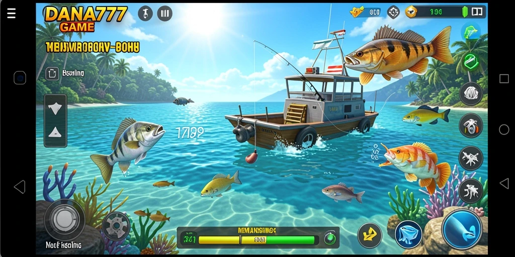 Screenshot gameplay DANA777 menampilkan momen menegangkan saat menangkap ikan besar.
