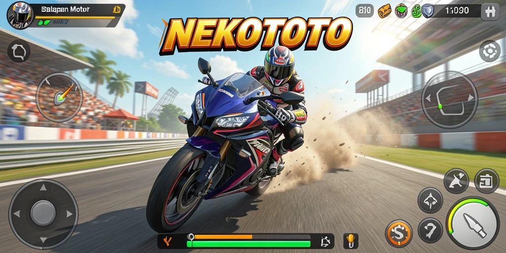 Tampilan gameplay NEKOTOTO yang memukau selama balapan motor.