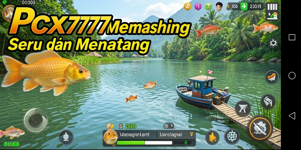 Tangkapan layar utama PCX777 menampilkan gameplay memancing yang seru dan realistis.