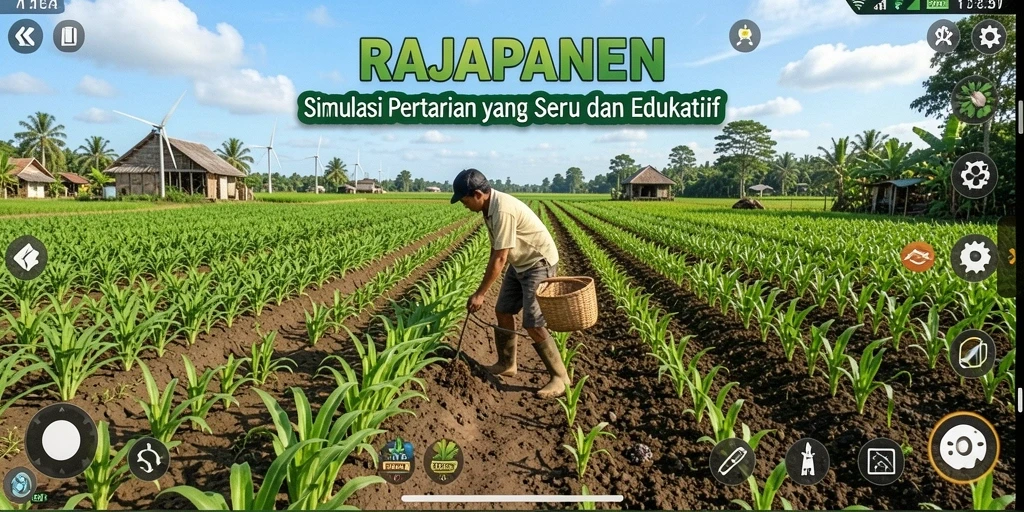 Tampilan gameplay RAJAPANEN yang menampilkan kebun yang indah dan aktivitas pertanian.