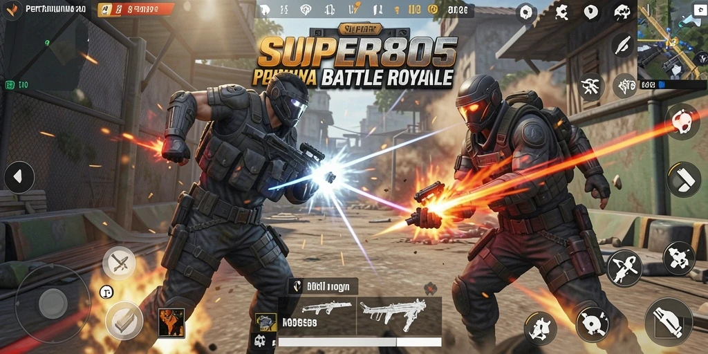 Screenshot gameplay SUPER805 dengan aksi pertempuran Battle Royale yang seru.