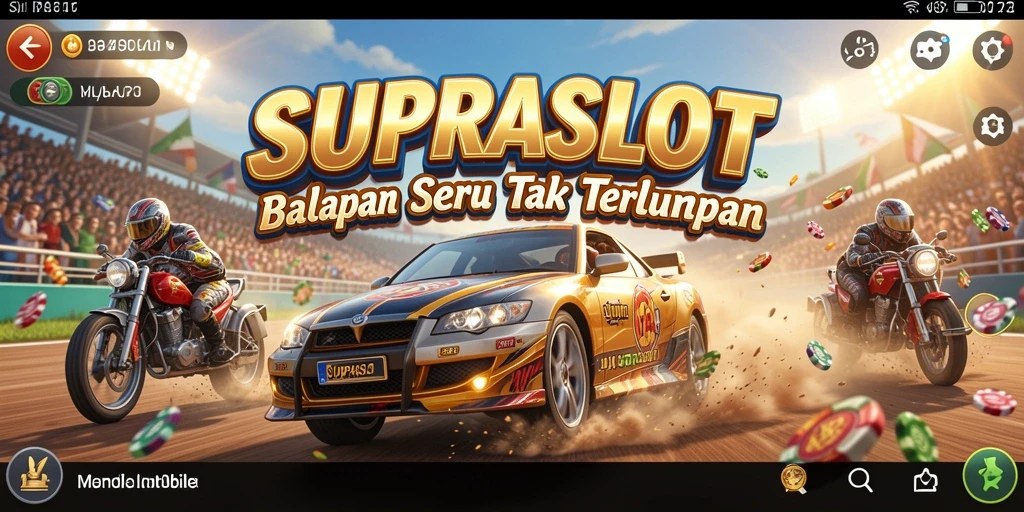 Screenshot gameplay SUPRASLOT yang menampilkan aksi balapan seru.