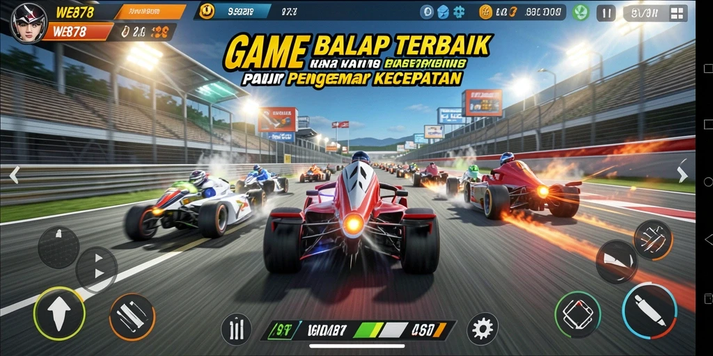 Tangkapan layar utama WE878 menunjukkan aksi balapan yang mendebarkan.