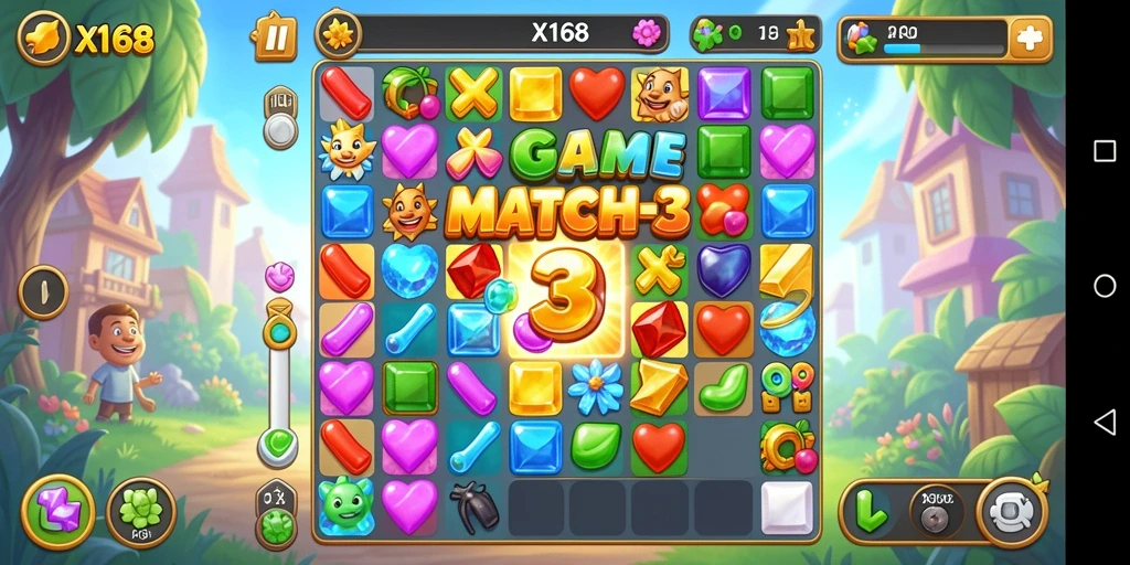 Tangkapan layar X168 menampilkan gameplay Match-3 yang menarik.